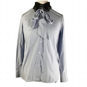 Sandro Blue Stripe Button-Up Blouse with Black Lace Collar